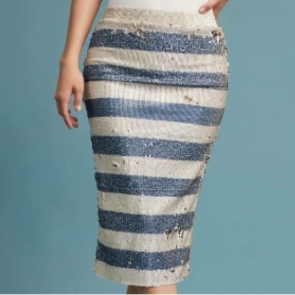 Anthropologie Sequin Blue White Stripe w/Gold Essentiel Antwerp pencil skirt S - Picture 4 of 6